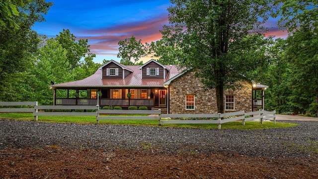 608 Pine Pass Cir, Mineral Bluff, GA 30559 - view of front facade with stone siding, covered porch, and metal roof