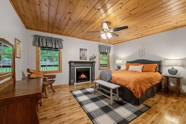 608 Pine Pass Cir, Mineral Bluff, GA 30559 - bedroom featuring wooden ceiling, light wood finished floors, a warm lit fireplace, and ceiling fan
