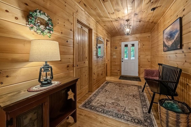 608 Pine Pass Cir, Mineral Bluff, GA 30559 - entrance foyer with wood finished floors, wood walls, and wooden ceiling