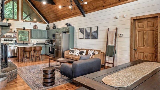 437 Spruce Cir, Mineral Bluff, GA 30559 - living room with wooden ceiling with exposed beams, light wood-style floors, wood walls, and high vaulted ceiling