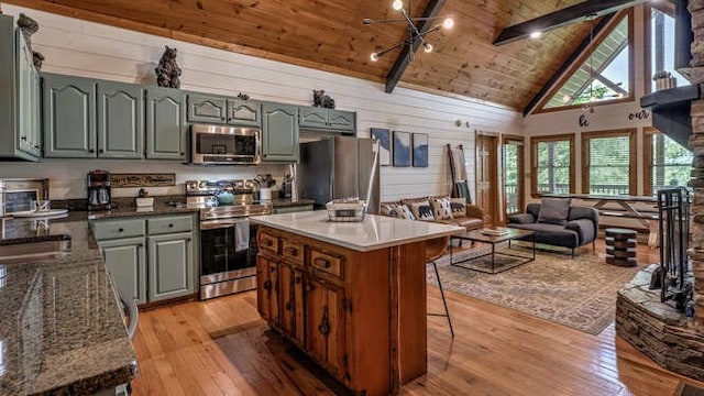437 Spruce Cir, Mineral Bluff, GA 30559 - kitchen with appliances with stainless steel finishes, wooden ceiling with exposed beams, high vaulted ceiling, light wood-type flooring, and a breakfast bar