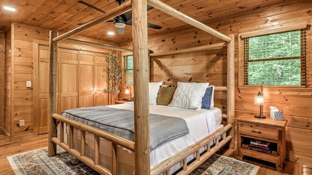 437 Spruce Cir, Mineral Bluff, GA 30559 - bedroom featuring wood ceiling, wooden walls, wood finished floors, and recessed lighting