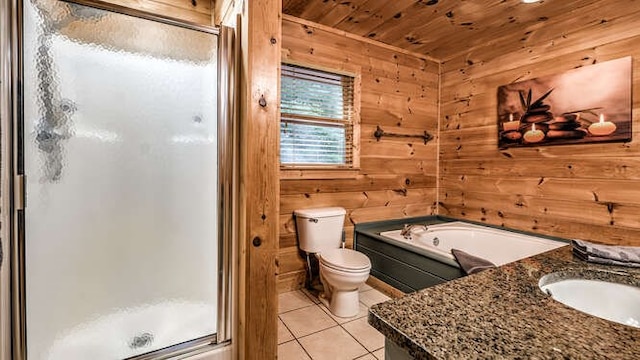 437 Spruce Cir, Mineral Bluff, GA 30559 - bathroom with a shower stall, toilet, wooden ceiling, tile patterned flooring, and wood walls
