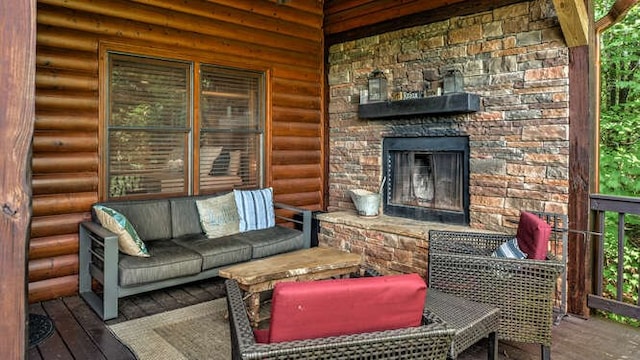 437 Spruce Cir, Mineral Bluff, GA 30559 - view of patio / terrace featuring an outdoor stone fireplace and a deck