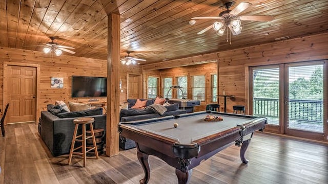 437 Spruce Cir, Mineral Bluff, GA 30559 - recreation room featuring wooden ceiling, ceiling fan, wood walls, wood finished floors, and pool table