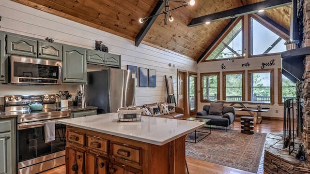437 Spruce Cir, Mineral Bluff, GA 30559 - kitchen featuring stainless steel appliances, wood ceiling with exposed beams, light wood finished floors, open floor plan, and high vaulted ceiling