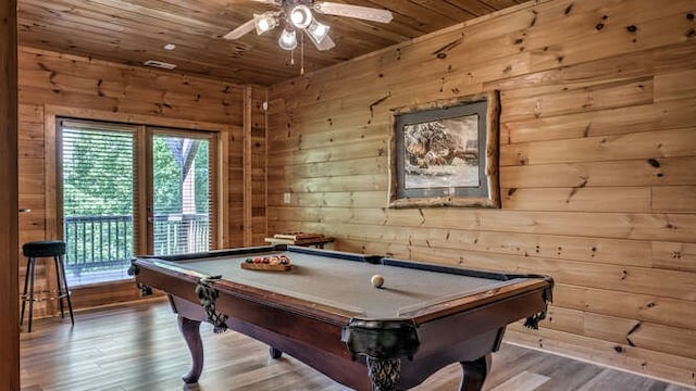 437 Spruce Cir, Mineral Bluff, GA 30559 - playroom featuring wood ceiling, wood walls, pool table, ceiling fan, and wood finished floors
