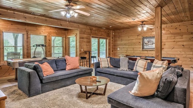 437 Spruce Cir, Mineral Bluff, GA 30559 - living room with a ceiling fan, billiards, wooden ceiling, wood walls, and wood finished floors