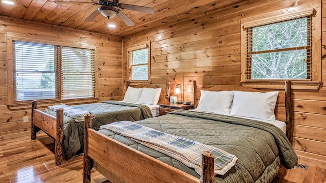 437 Spruce Cir, Mineral Bluff, GA 30559 - bedroom featuring hardwood / wood-style flooring, wooden ceiling, wood walls, and recessed lighting