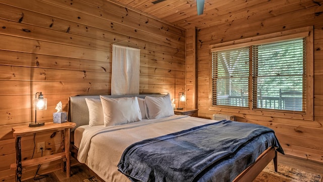 437 Spruce Cir, Mineral Bluff, GA 30559 - bedroom featuring wooden walls, wood ceiling, and wood finished floors