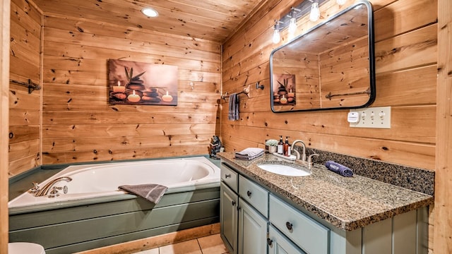 437 Spruce Cir, Mineral Bluff, GA 30559 - bathroom featuring vanity, a garden tub, wooden walls, tile patterned flooring, and wood ceiling