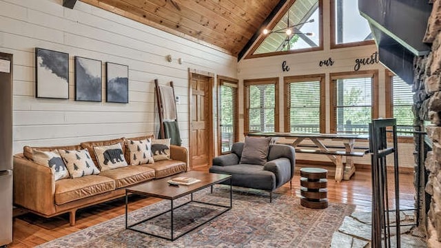 437 Spruce Cir, Mineral Bluff, GA 30559 - living area featuring wood finished floors, wooden ceiling, wood walls, a stone fireplace, and high vaulted ceiling