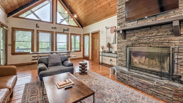 437 Spruce Cir, Mineral Bluff, GA 30559 - living area featuring wood finished floors, wood ceiling with exposed beams, high vaulted ceiling, and a stone fireplace