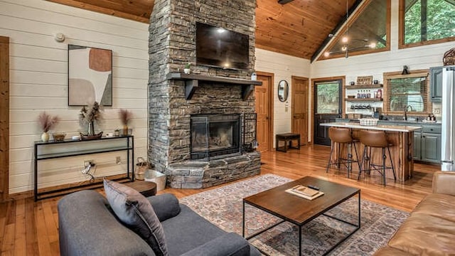 437 Spruce Cir, Mineral Bluff, GA 30559 - living area featuring wooden ceiling, light wood-style floors, a fireplace, high vaulted ceiling, and wooden walls