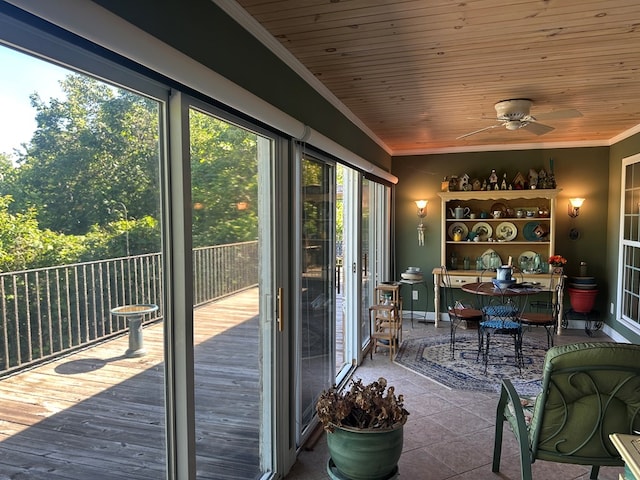 1207 Bullen Gap Rd, Blue Ridge, GA 30513 - doorway featuring crown molding, healthy amount of natural light, wooden ceiling, and a ceiling fan