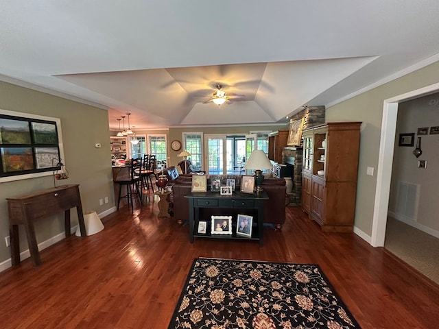1207 Bullen Gap Rd, Blue Ridge, GA 30513 - living area featuring ceiling fan, dark wood-style flooring, baseboards, and a stone fireplace