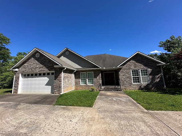 1207 Bullen Gap Rd, Blue Ridge, GA 30513 - ranch-style house featuring stone siding, driveway, an attached garage, and a front lawn