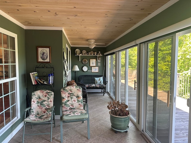 1207 Bullen Gap Rd, Blue Ridge, GA 30513 - sunroom with healthy amount of natural light, ornamental molding, wooden ceiling, and tile patterned floors
