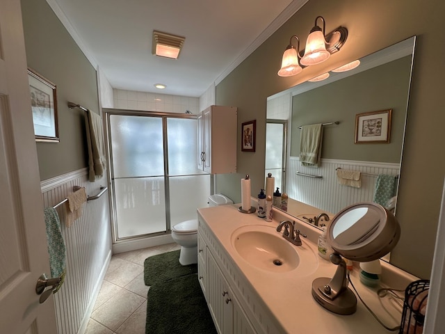 1207 Bullen Gap Rd, Blue Ridge, GA 30513 - bathroom with toilet, a shower stall, crown molding, vanity, and tile patterned floors