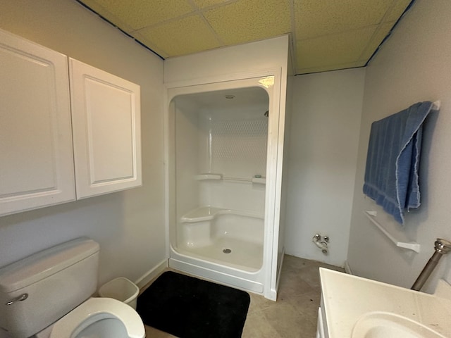 1207 Bullen Gap Rd, Blue Ridge, GA 30513 - bathroom featuring a paneled ceiling, toilet, a walk in shower, and vanity