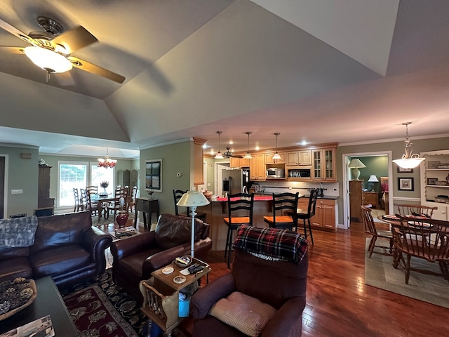 1207 Bullen Gap Rd, Blue Ridge, GA 30513 - living area featuring ornamental molding, dark wood-style flooring, ceiling fan, lofted ceiling, and a chandelier