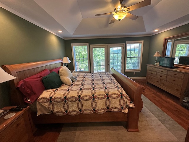 1207 Bullen Gap Rd, Blue Ridge, GA 30513 - bedroom with a raised ceiling, wood finished floors, ornamental molding, recessed lighting, and a ceiling fan