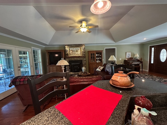 1207 Bullen Gap Rd, Blue Ridge, GA 30513 - living room with a raised ceiling, french doors, wood finished floors, a ceiling fan, and crown molding