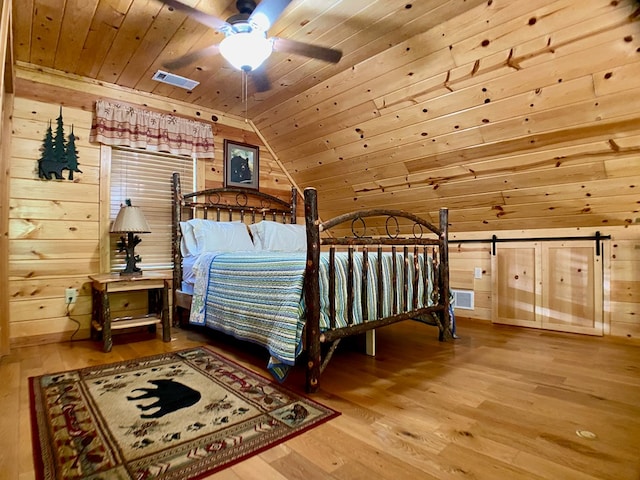 bedroom featuring wood walls, visible vents, and wood ceiling