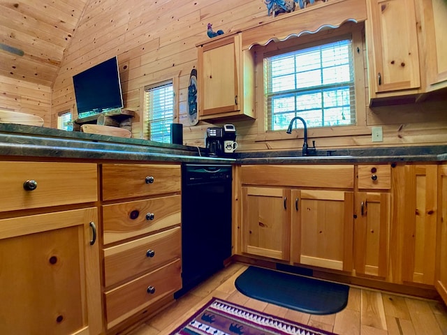 kitchen with a sink, lofted ceiling, dishwasher, and dark countertops