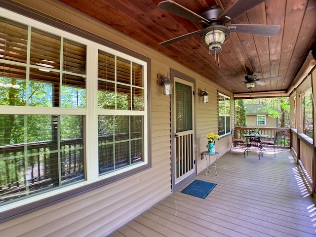 deck with covered porch and a ceiling fan