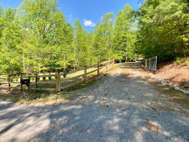 view of road featuring a forest view