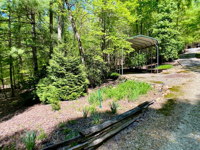 view of yard with a view of trees and a carport