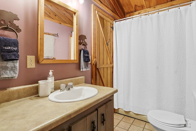 bathroom with vanity, tile patterned flooring, wood ceiling, toilet, and a shower with curtain