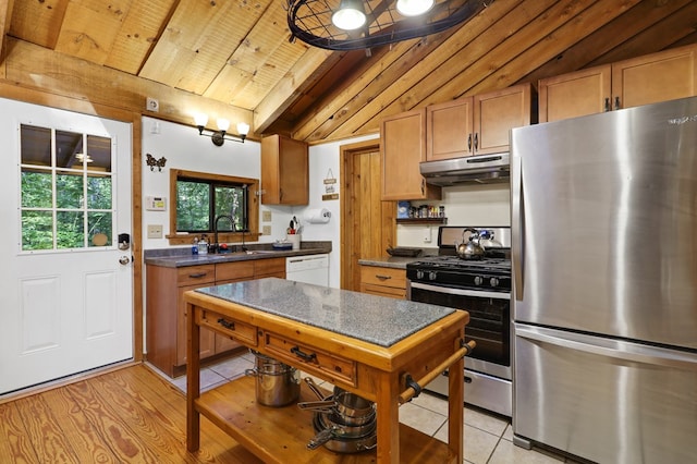 kitchen with wood ceiling, vaulted ceiling, appliances with stainless steel finishes, light hardwood / wood-style floors, and sink