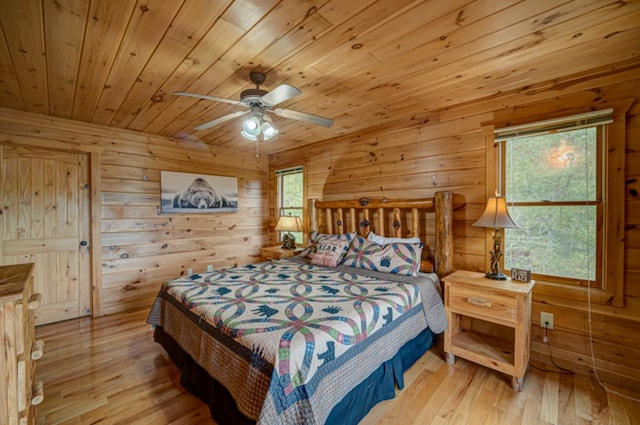 bedroom with light wood-type flooring, ceiling fan, wood ceiling, and wooden walls