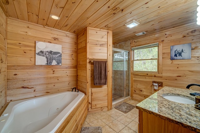 bathroom featuring vanity, wood ceiling, and wood walls