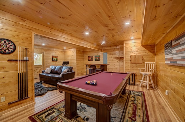 rec room with wooden ceiling, billiards, light hardwood / wood-style flooring, and wood walls