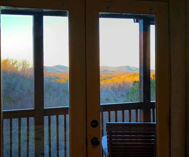 doorway to outside featuring a mountain view and french doors