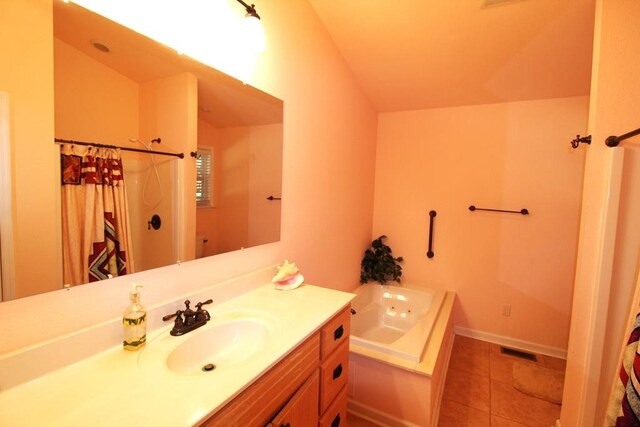 140 Hannel Dr, Murphy, NC 28906 - bathroom with vanity, tile patterned floors, curtained shower, lofted ceiling, and visible vents