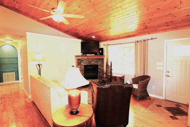 140 Hannel Dr, Murphy, NC 28906 - living room with a ceiling fan, a stone fireplace, visible vents, light wood-type flooring, and wooden ceiling