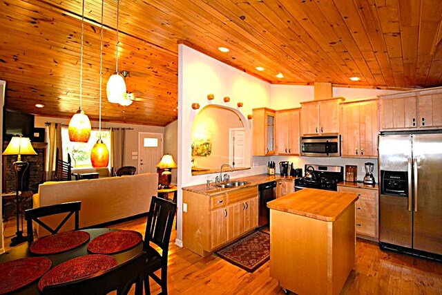 140 Hannel Dr, Murphy, NC 28906 - kitchen featuring a center island, a sink, wood ceiling, and stainless steel appliances