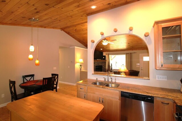140 Hannel Dr, Murphy, NC 28906 - kitchen with a ceiling fan, stainless steel dishwasher, a fireplace, a sink, and wooden ceiling