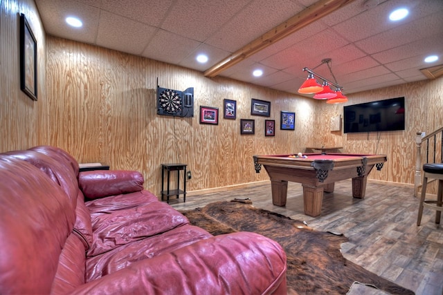 playroom with billiards table, wood finished floors, baseboards, a drop ceiling, and recessed lighting