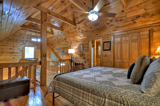 bedroom featuring light wood finished floors, wood walls, and wood ceiling