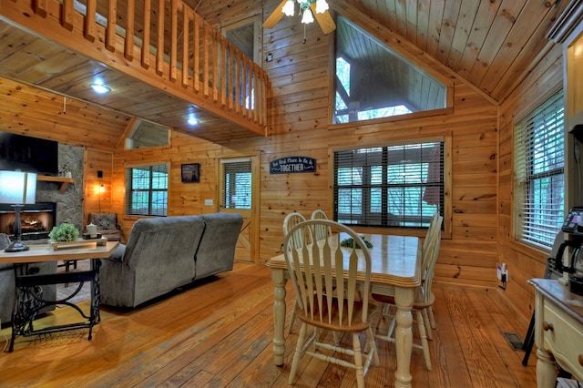 dining area featuring light wood-type flooring, wood walls, ceiling fan, a stone fireplace, and wooden ceiling