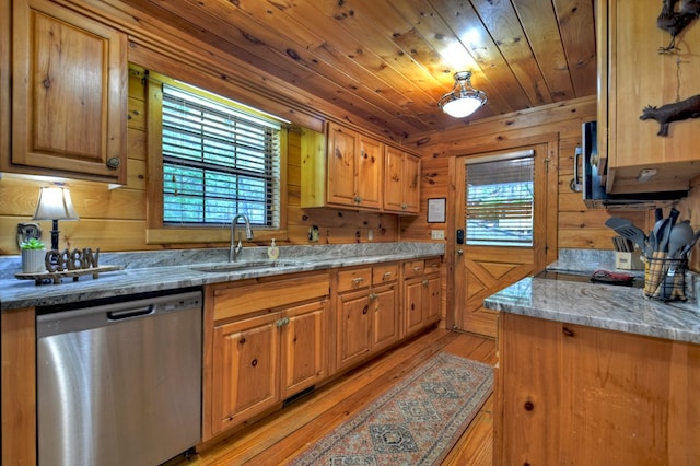 kitchen featuring dishwasher, a sink, wood walls, light wood-style flooring, and wood ceiling