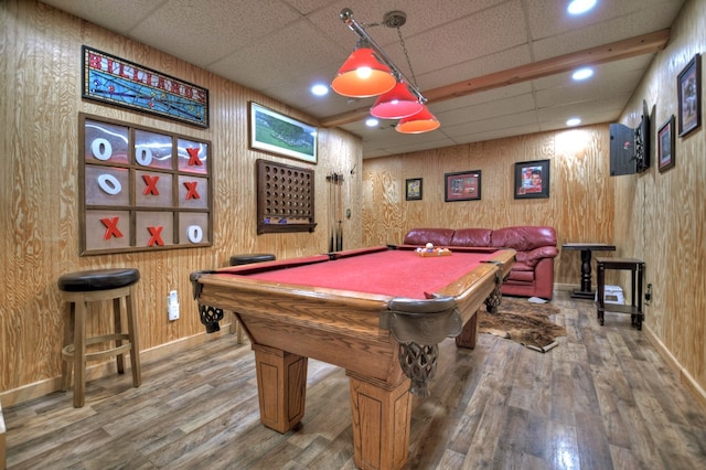 playroom with wood finished floors, baseboards, a drop ceiling, billiards, and recessed lighting