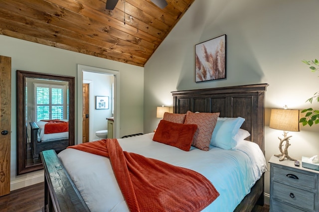 bedroom with dark wood-style flooring, lofted ceiling, ensuite bathroom, wooden ceiling, and baseboards