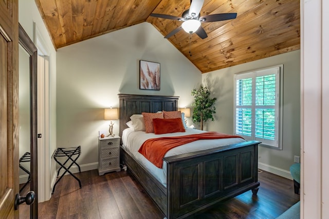 bedroom with lofted ceiling, wooden ceiling, baseboards, and dark wood-style flooring