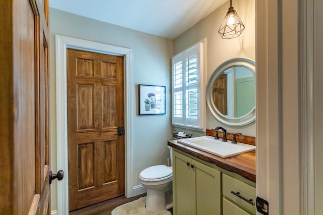 bathroom featuring toilet, wood finished floors, and vanity